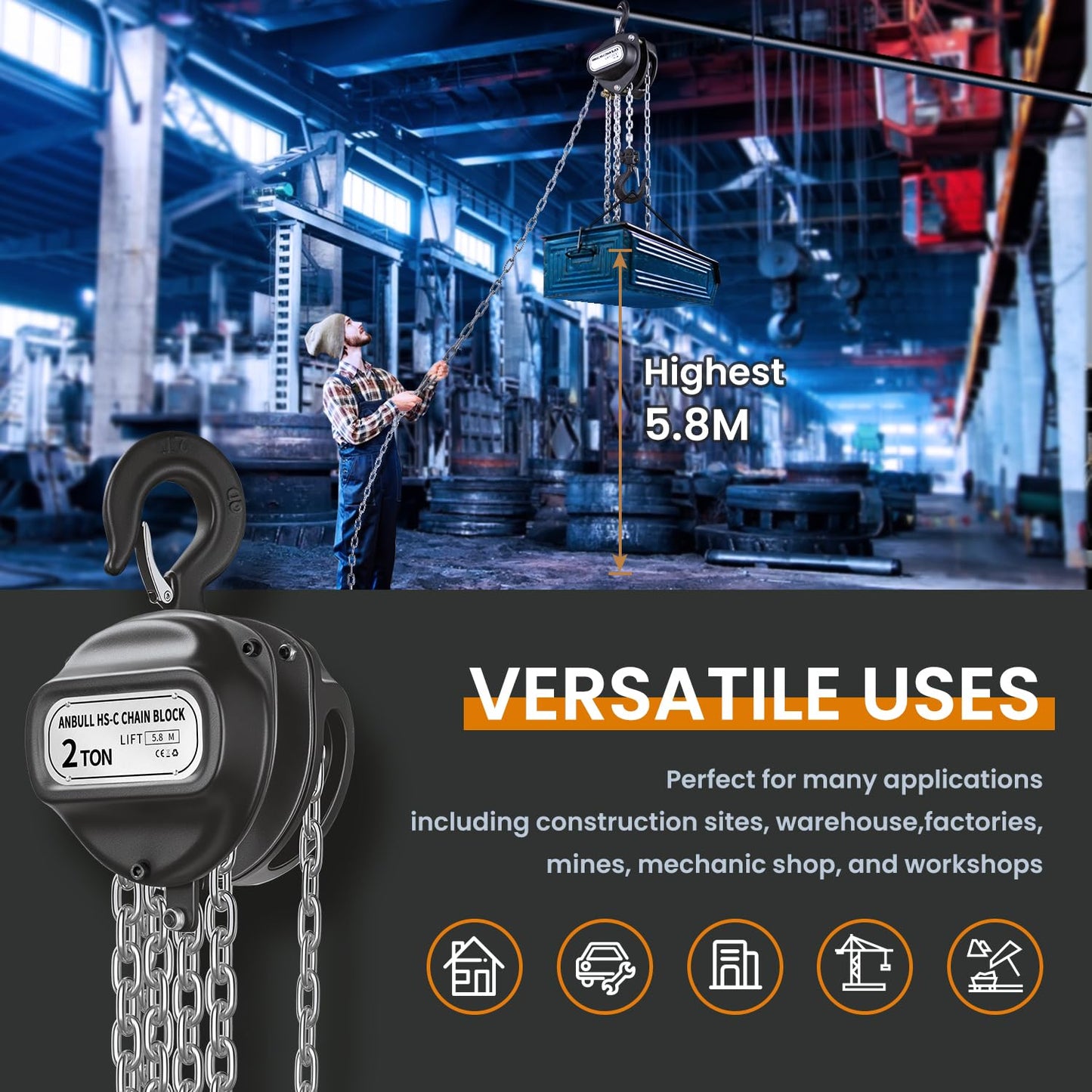 Anbull Chain Hoist, 2000kg load capacity, 5.8m lifting height, fully galvanized chain, no oil stains and rust-proof, product weight 17.5kg.
