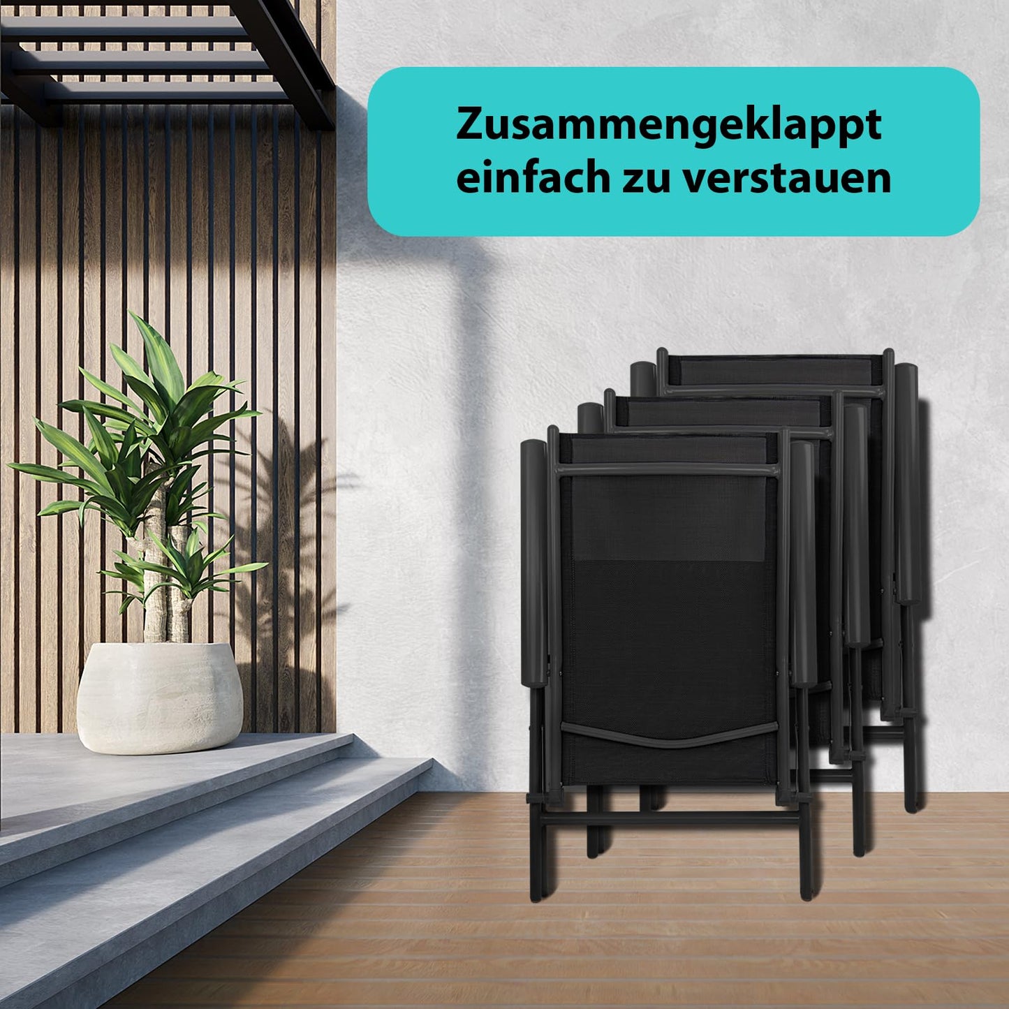 Montafox Folding Chair Set Balcony Chairs Aluminum Garden Chair Adjustable Foldable Load Capacity 120 kg Outdoor High-Back Aluminum Folding Chair Double Pack Balcony Terrace, Color:Black, Quantity:4 Pieces