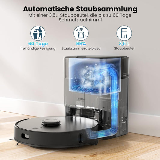 AIRROBO T20+ robot vacuum with mop function, 3.5L dustbin, automatic emptying station, 180min runtime, LiDAR navigation, strong suction power for carpets and pet hair, APP control.