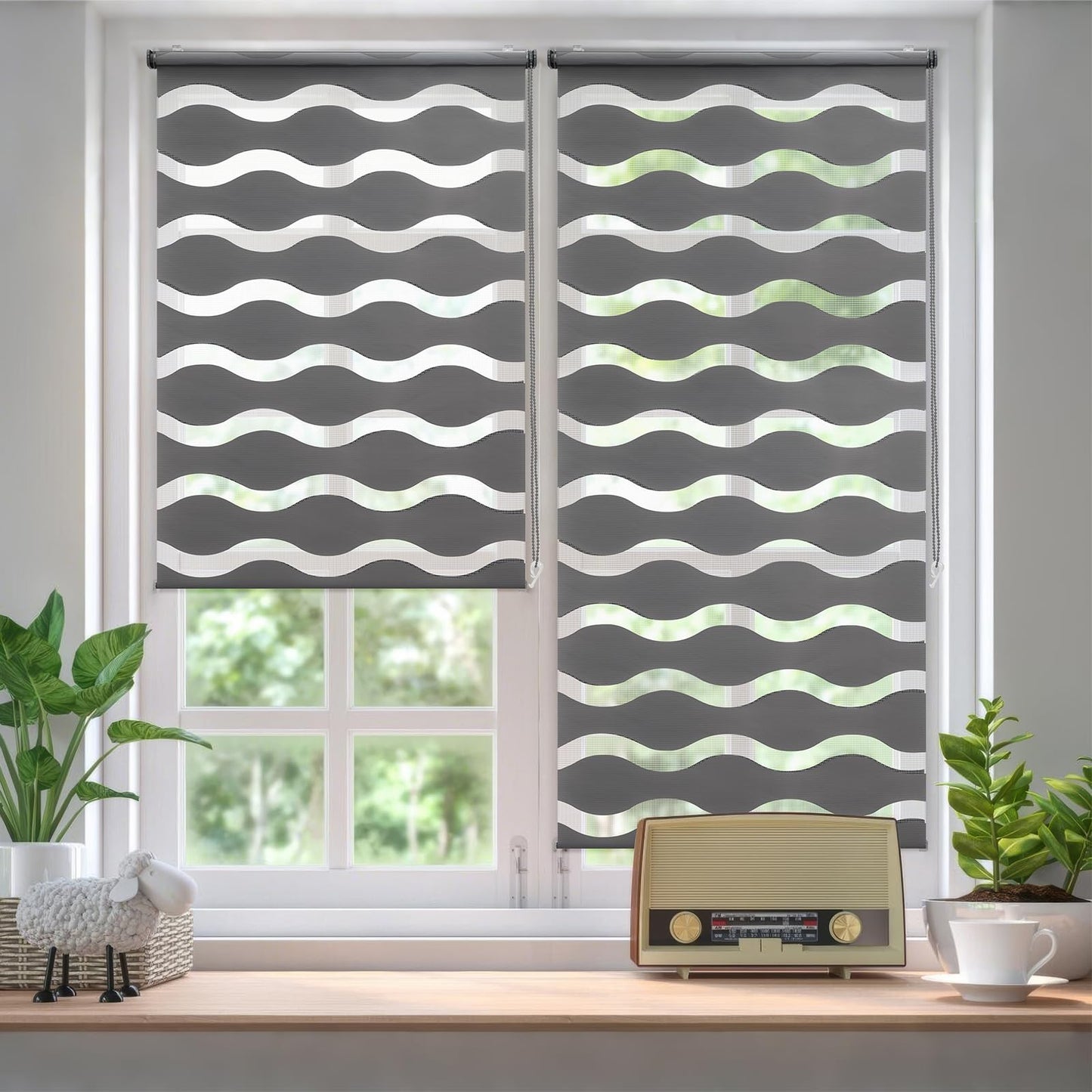 Sekey Double Roller Blind Waves Clamp Fix without drilling for windows, double roller blind 105 cm wide, duo roller blind wave blinds sun protection, 105x130cm, dark gray