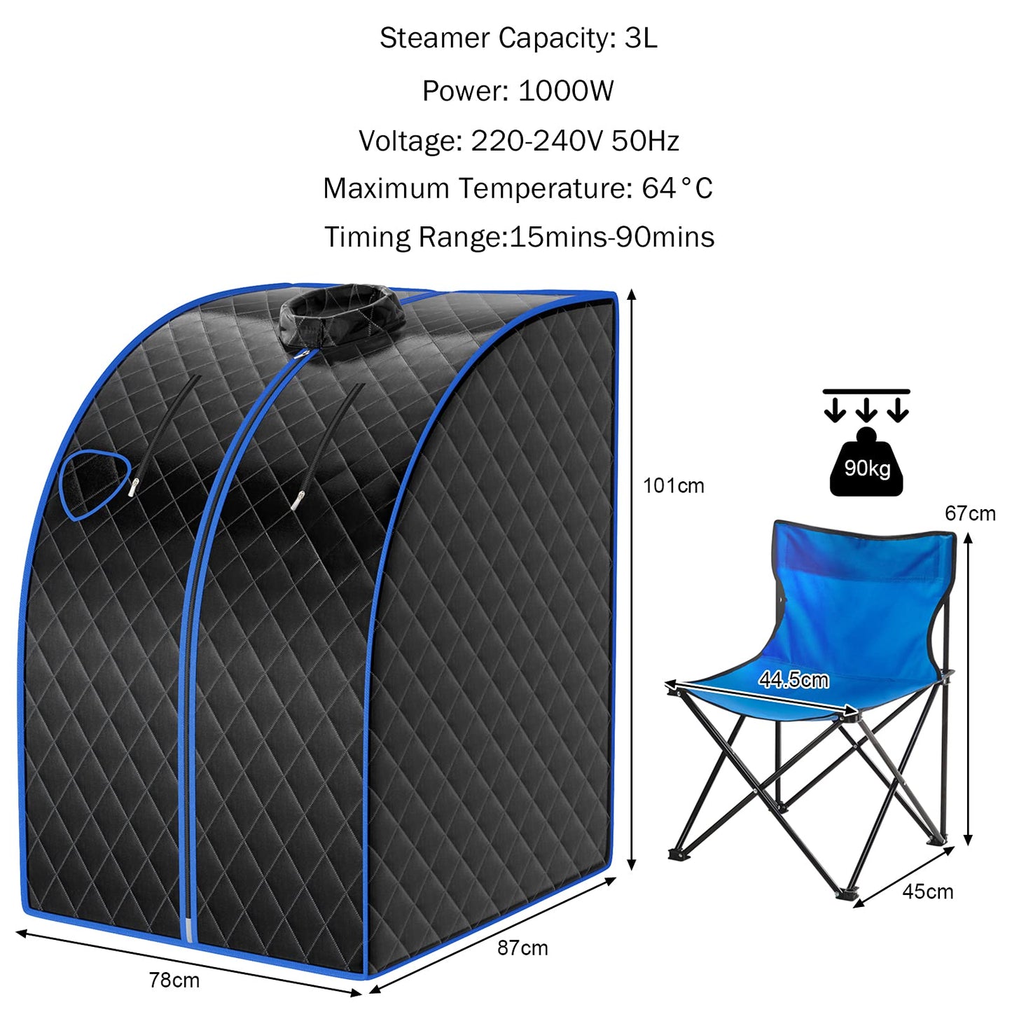 COSTWAY 3L Mini Steam Sauna with Spray Function, Home Sauna with Remote Control, Heat Cabin with Adjustable Timer & Temperature, Seat Sauna including Accessories, Sauna Cabin 78 x 87 x 101 cm (Black)