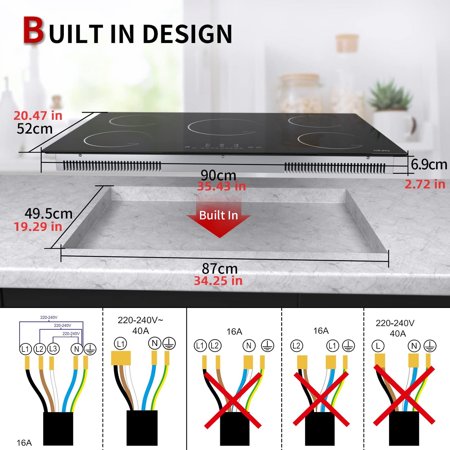 Induction hob 5 zones, IsEasy 90cm Frameless Induction hob, Induction hob with 5 cooking zones, 8600W, Booster function, Digital control, 9 heat levels, Glass ceramic.