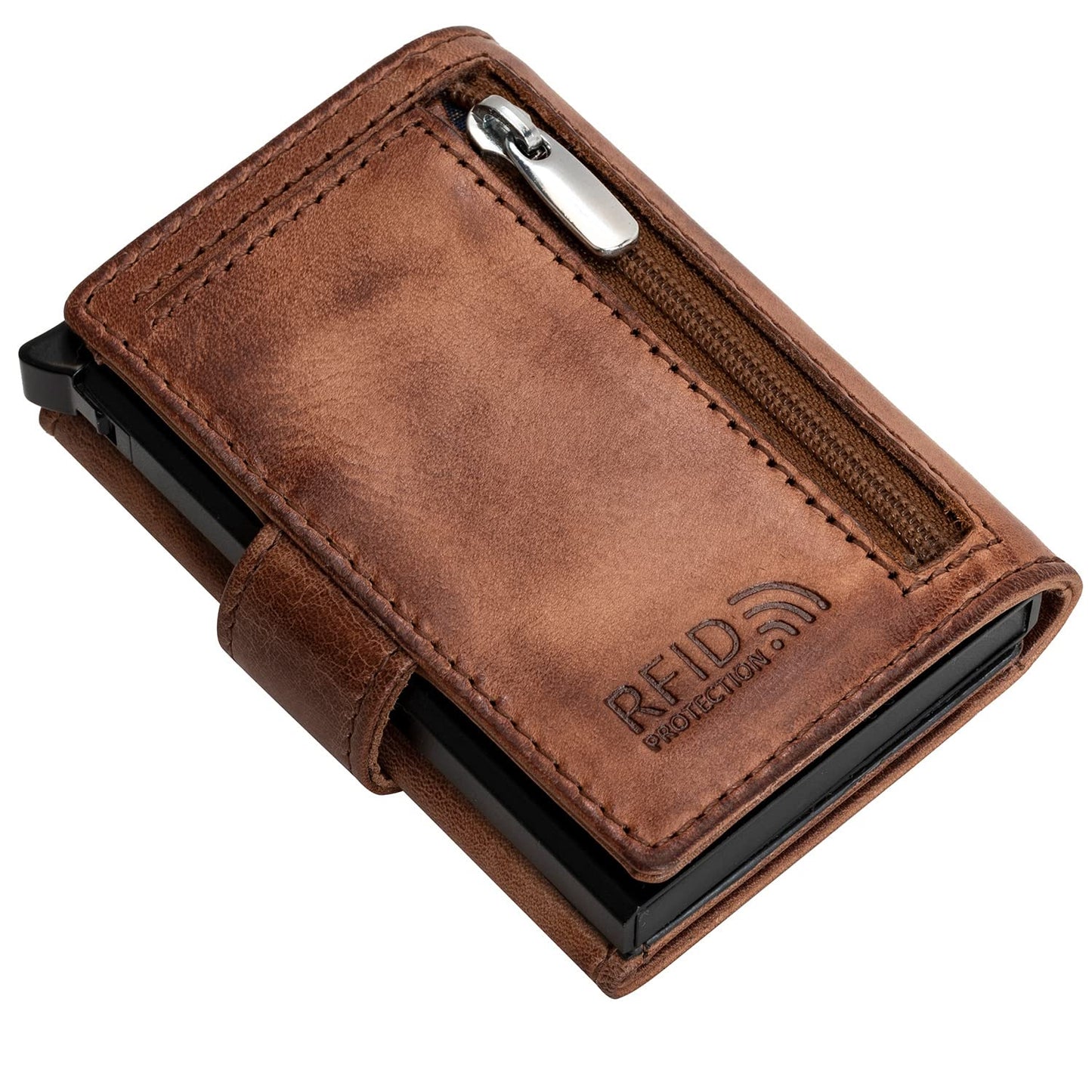 Fa.Volmer ® POP-UP card holder made of genuine leather with/without coin pocket for men & women | up to 11 cards | RFID protection | wallet VO24/31 (Zip Brown)
