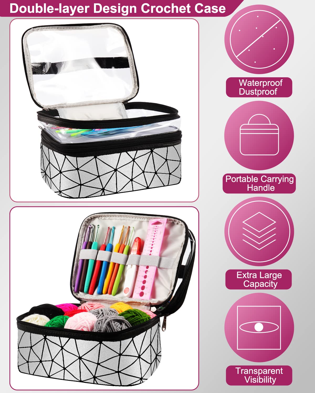 Coopay crochet set for beginners, 71 pieces crochet hook set with bag and yarn, premium crochet set with knitting accessories and yarn, 0.6-6.0mm crochet hook set, complete crochet for beginners gifts, silver