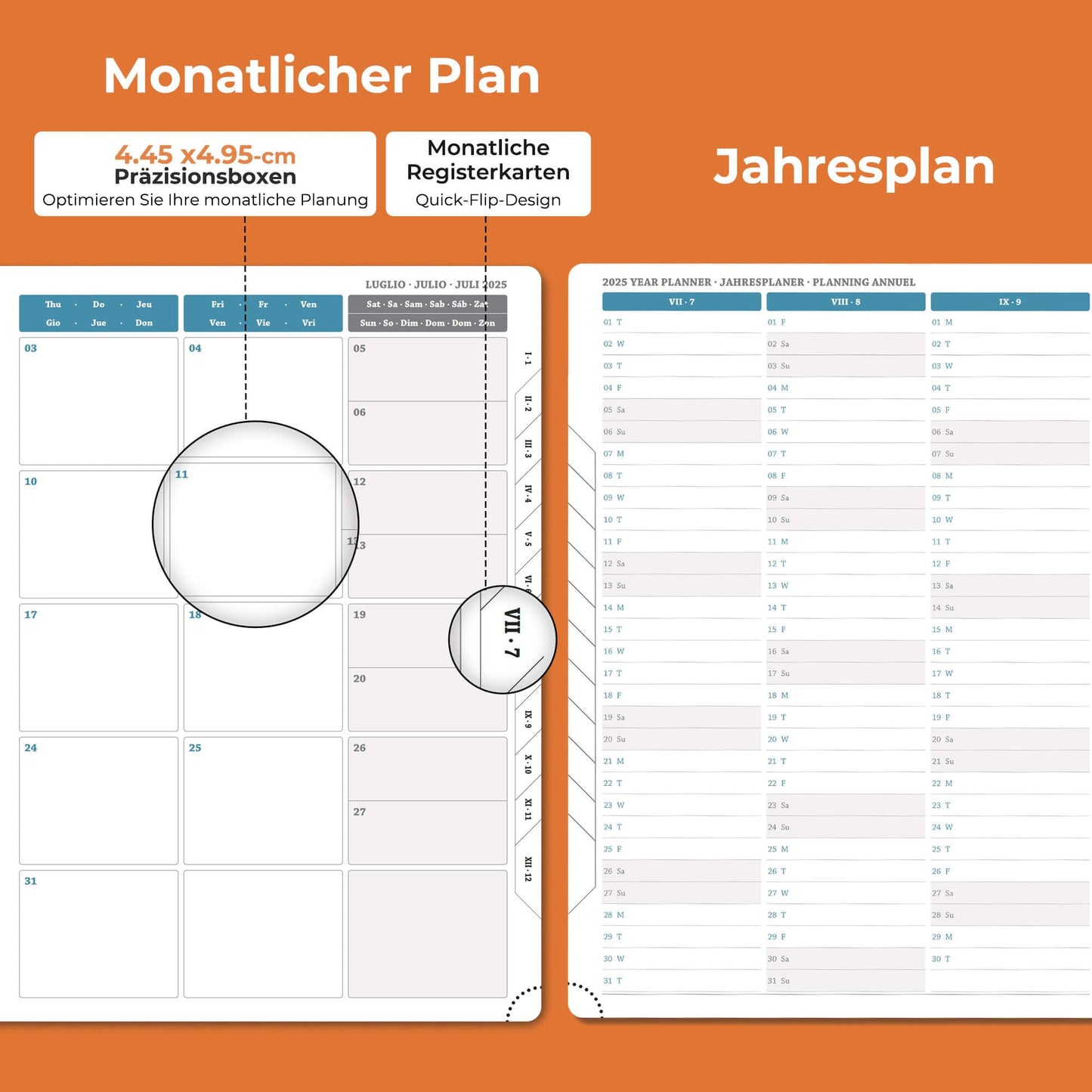IN-LUXPRO Calendar 2025 2026 Weekly Planner, 18-Month Book Calendar (Jul.2025-Dec.2026) Monthly Calendar with Expense & Note Pages A4 (29 x 21.7 cm), with Vegan Leather & Note Pages, Orange Color.