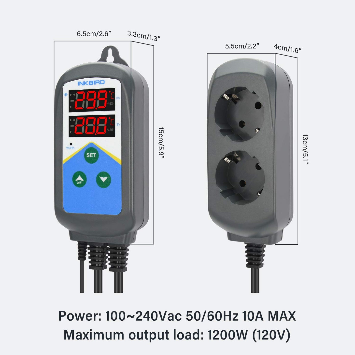 Inkbird WiFi Thermostat, dual time cycles, alarm function, two outlets (heating only).