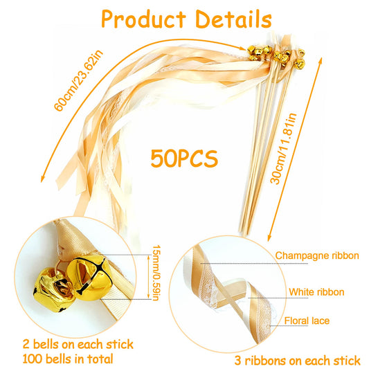 Wedding Wands, 50 sticks with 100 large bells and 150 wedding ribbons, silk fairy wand, party favors, magic wands wedding streamers for weddings, birthdays, holiday celebrations.