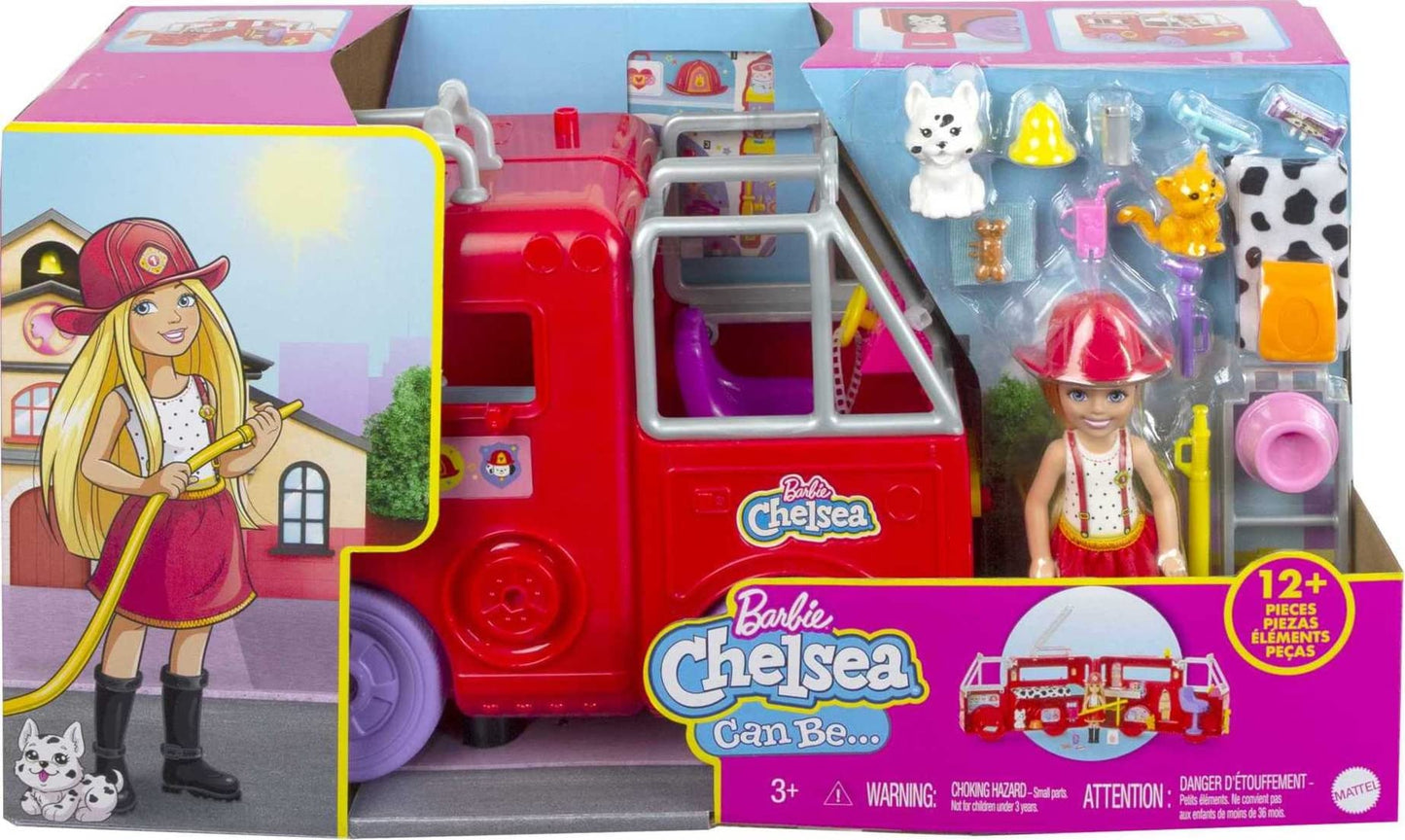 Barbie Chelsea Can Be Series, Chelsea doll with fire truck, firefighter outfit accessories, 12+ pieces including Dalmatian, gift for kids, toy for ages 3+, HCK73.
