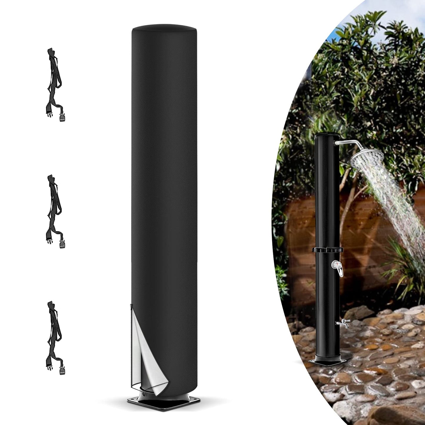 LMYDIDO Solar Shower Cover 220 x 67cm, 420D Waterproof Windproof UV Protection Outdoor Shower Cover, Garden Outside Shower with Drawstring and Storage Pockets (Black)