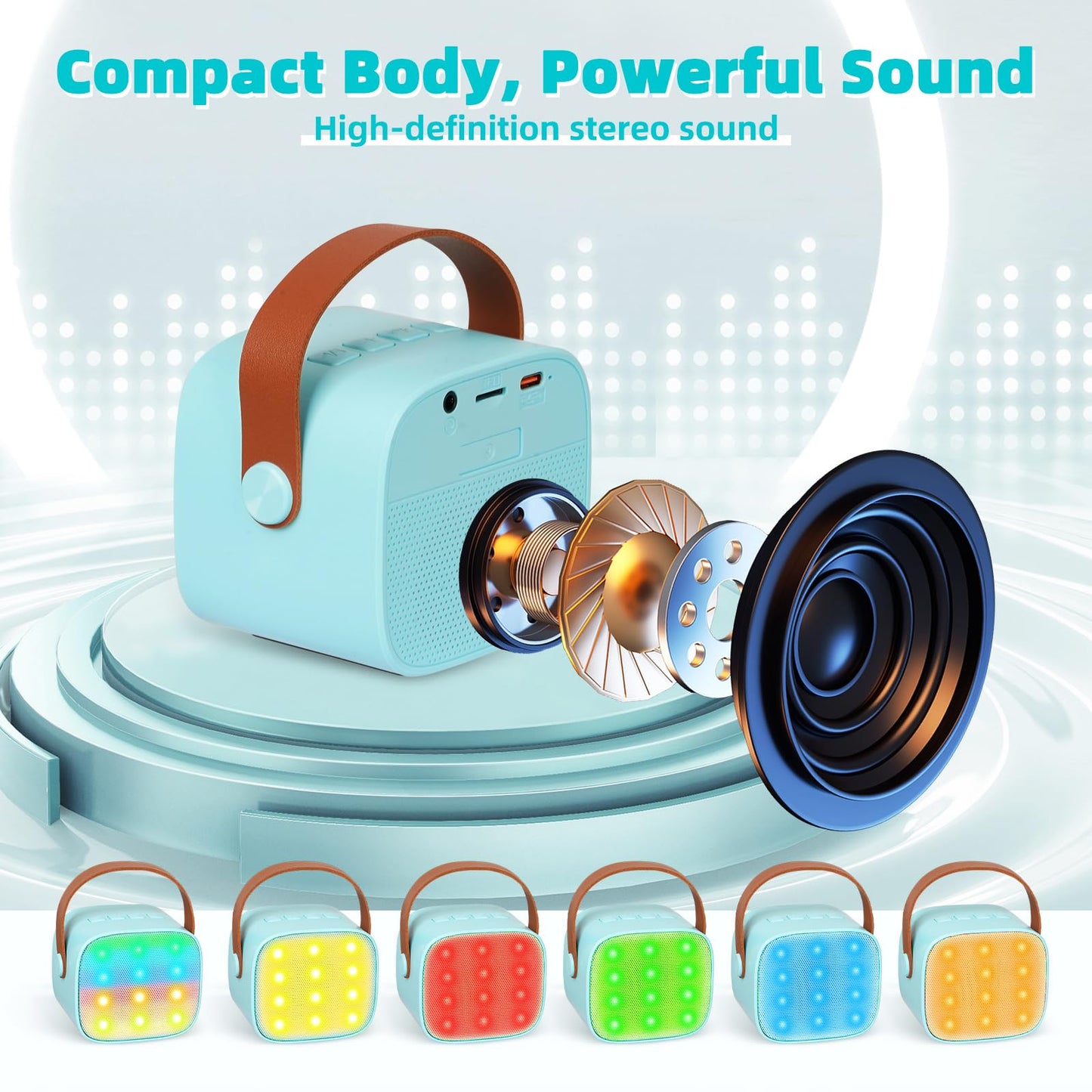 Karaoke machine for kids, mini karaoke system with 2 microphones, portable Bluetooth speaker with voice effects & LED lights, gifts toy for 3-12 year old girls and boys.