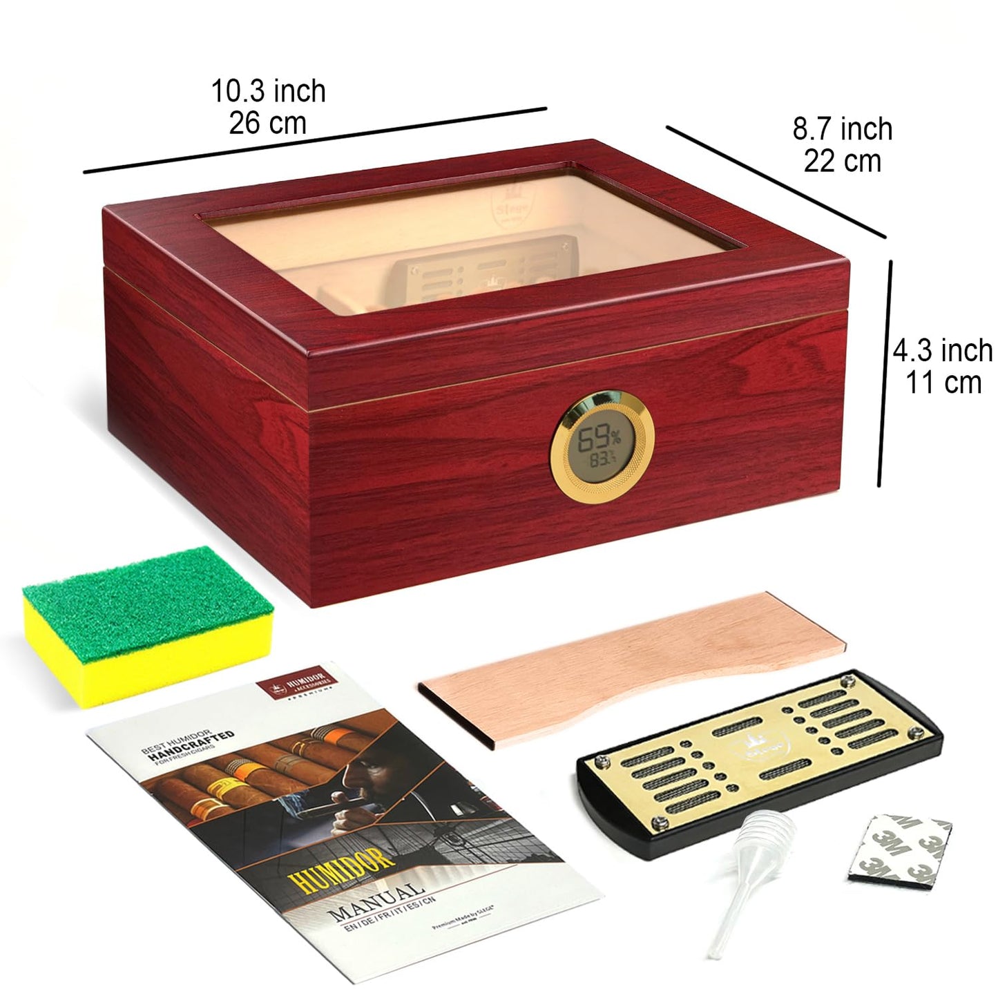 Slege Cigars Humidor, Spanish Cedar Humidor Cigars, Cigar Cabinet with Digital Hygrometer, INOX Humidifier, Divider, Cigar Box Cigar Accessories, Men's Gift, 30-50 Cigars (Cherry Red)