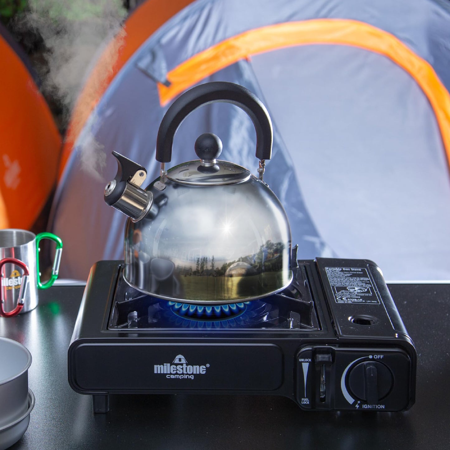 Milestone Camping Unisex-Adult Whistling Kettle, tea pot, coffee pot, indoor/outdoor camping hiking picnic, stainless steel, 22x21x18