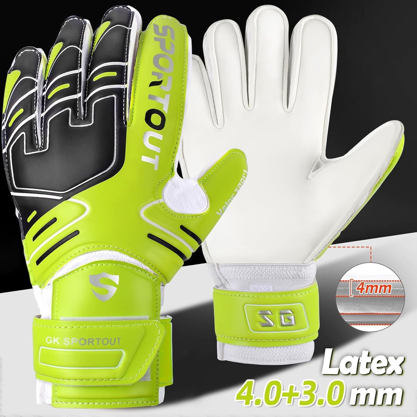 Sportout goalkeeper gloves, soccer gloves with finger save, goalkeeper gloves for kids, men with non-slip 4mm latex, goalkeeper gloves for kids, adults, and teens (Green, 7)