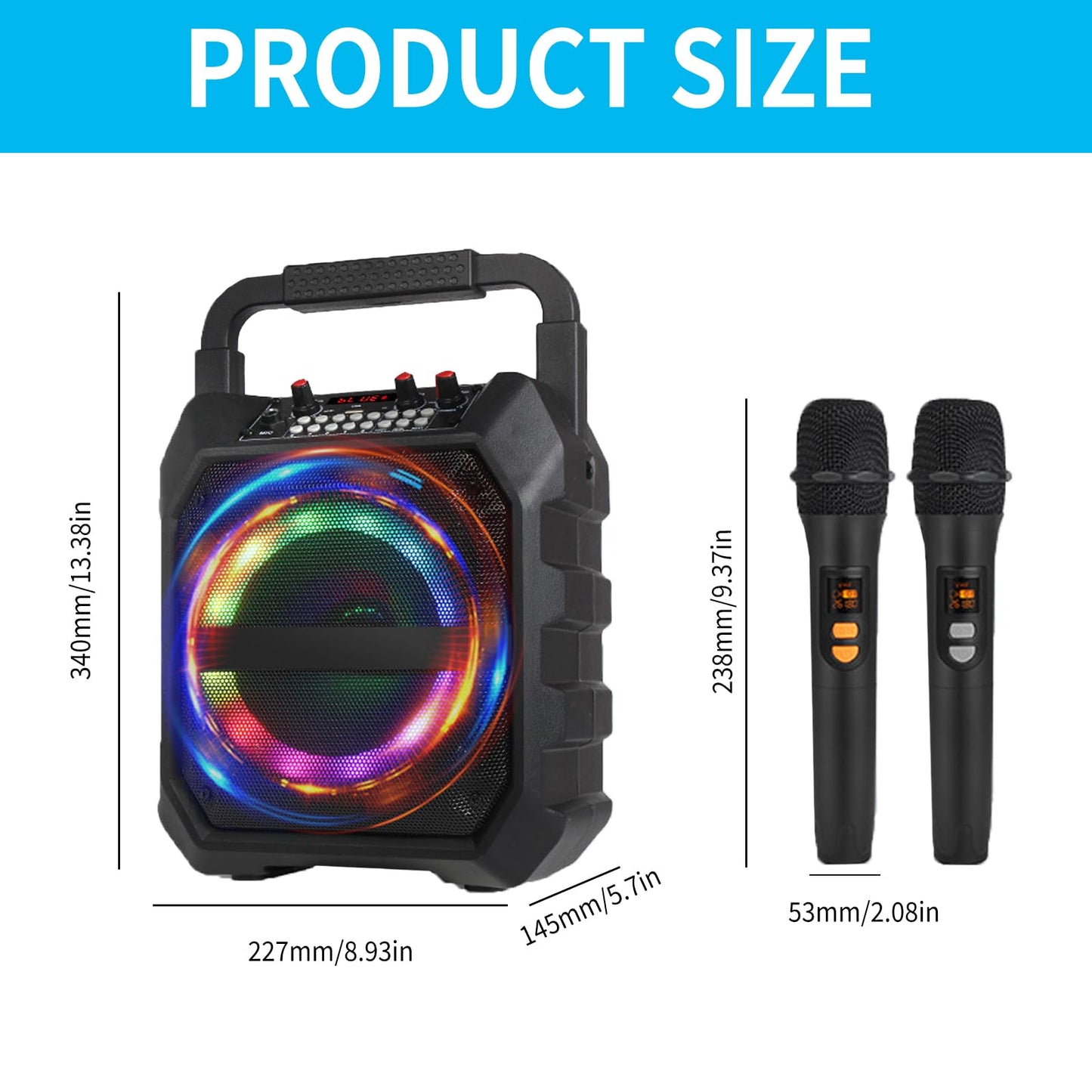 Portable karaoke machine with 2 wireless microphones, portable Bluetooth speaker with RGB lights, PA system for adults and kids, supports TF/USB, FM, Rec, AUX in.