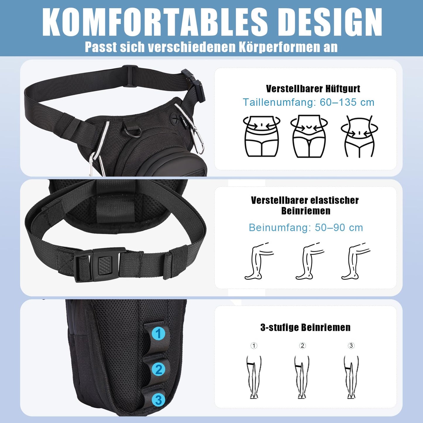 Eshow leg bag motorcycle for men and women, thigh bag waist bag expandable storage space, fanny pack with 1 bottle holder 2 carabiners reflective strips for hiking cycling black
