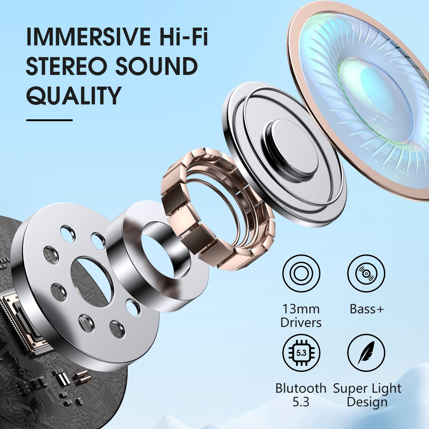 Bluetooth headphones, Wireless Bluetooth 5.3 In-Ear Headphones with LED Indicator, 40 Hrs ENC Noise Cancelling Dual Mic HiFi Stereo Headphones, IP7 Waterproof in-ear Earphones for Sports and Work.