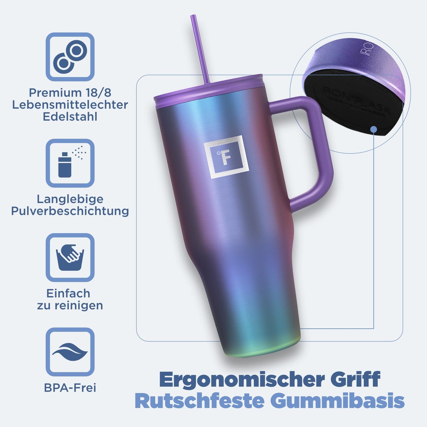 Insulated tumbler with straw, lid, and handle - 950ml - Thermal cup keeps drinks cold for 11 hours and ice cold for 48 hours - Vacuum double-walled stainless steel tumbler BPA-free thermos bottle coffee mug