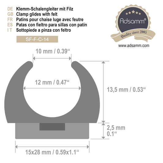 Adsamm® / 32 x Clamp shell glider with felt / Black / ø 12-13 mm / Round / Shell glider with interchangeable felt for steel tube chairs
