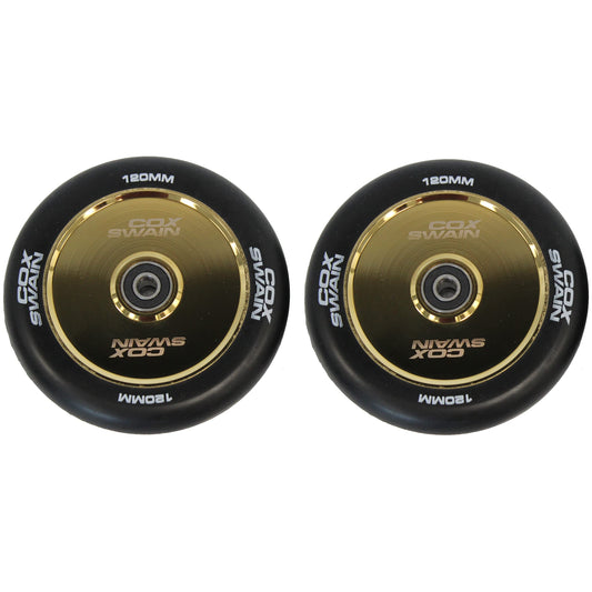 Cox Swain 2 pieces high-end stunt scooter wheels complete set with ABEC 11 bearings and aluminum spacers: Black/Gold Hollowcore 120mm