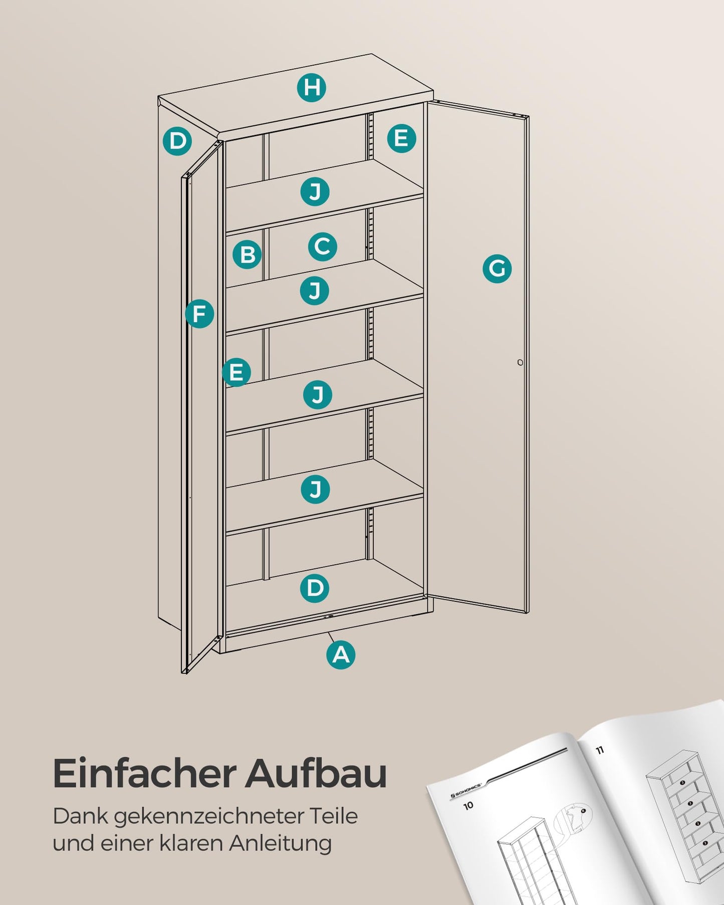 SONGMICS Filing Cabinet, Multipurpose Cabinet, Steel Storage Cabinet, 5 Levels, Double Doors, Lock, Tool Cabinet, Adjustable Shelves, Garage, Office, Living Room, Gray OMC014G01