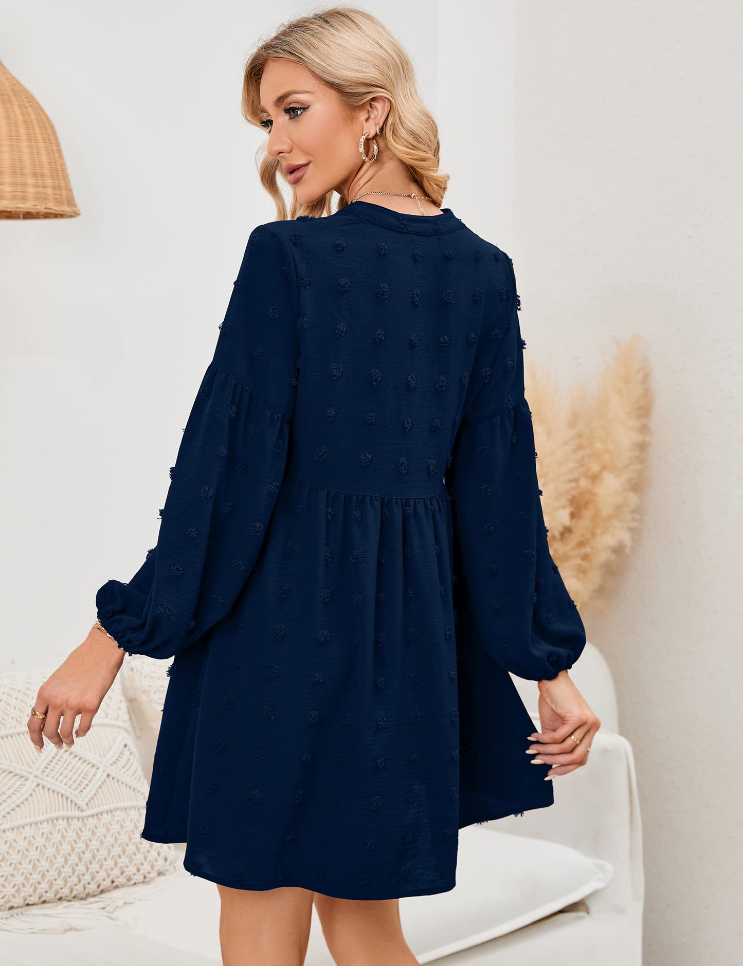 KOJOOIN Women's Tunic Dress Long Sleeve Swing Dress with Short V-Neck Button Front Blouse Dress Swiss Dot Casual Mini Dress Leisure Dress with Pockets (Packaging MULTIPLE), A-Dark Blue, L