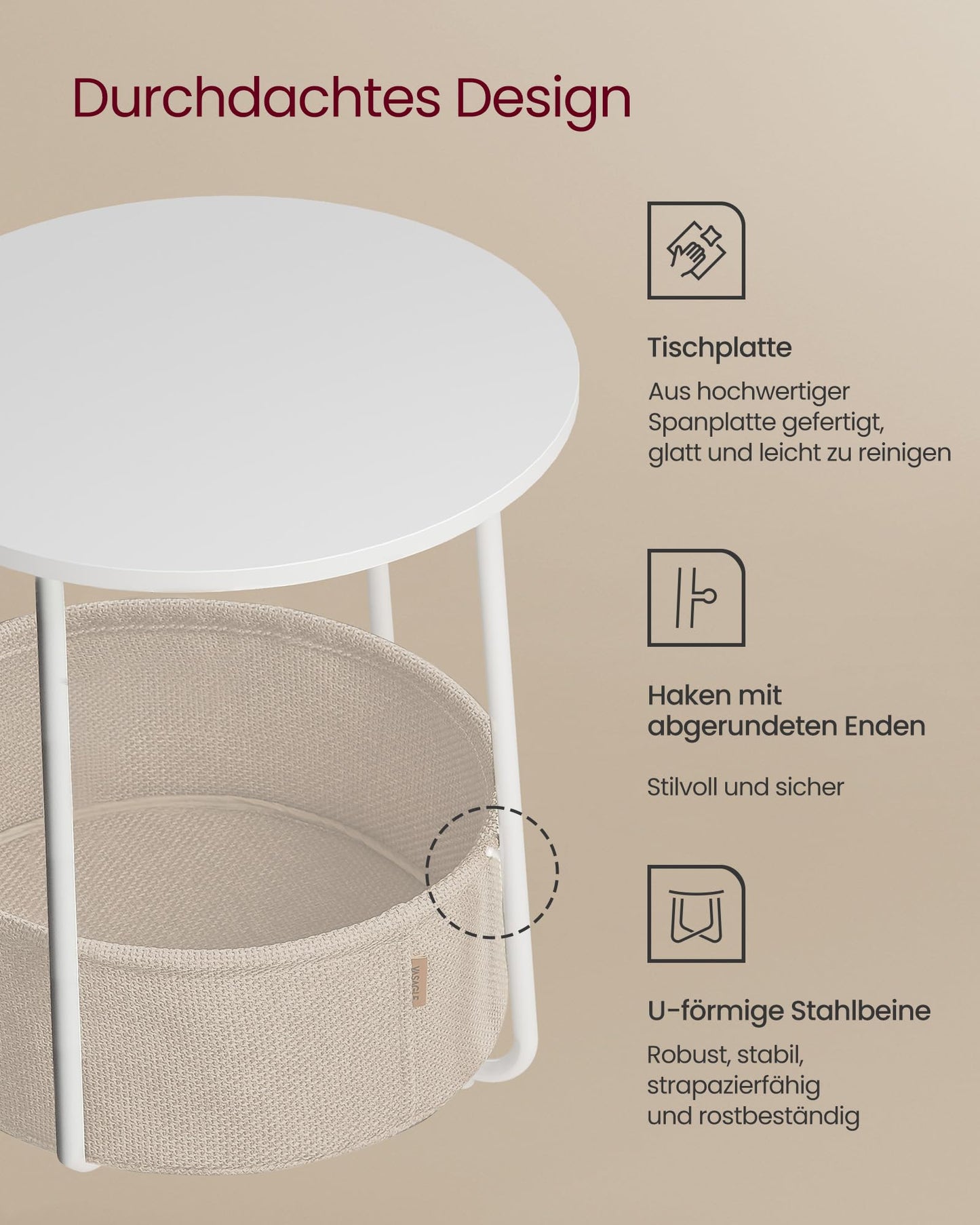 VASAGLE Round Side Table, Small Table, Small Coffee Table, Living Room Table, Fabric Basket, Storage for Living Room Bedroom, Modern Nightstand, Matt White-Camel Brown LET223W10