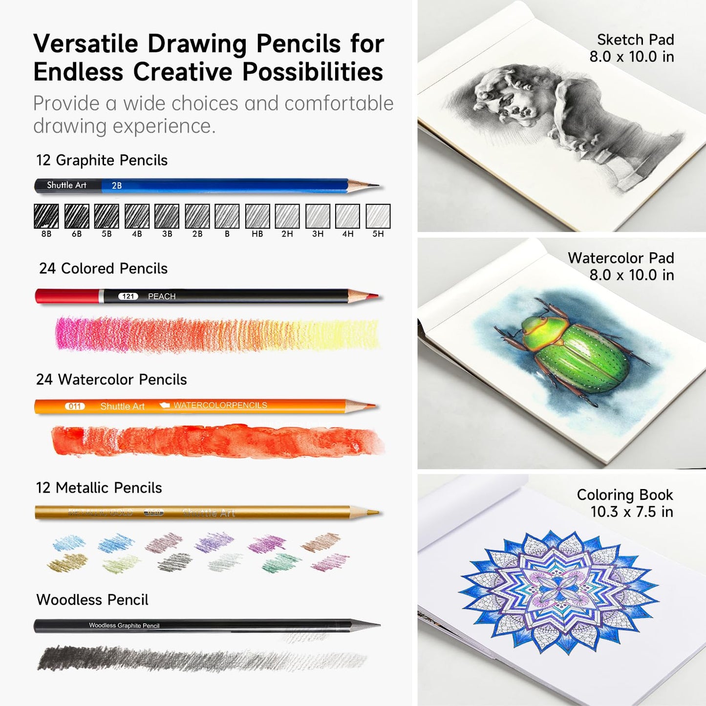 Shuttle Art 103 piece drawing set, artist set with colored pencils, drawing pencils, watercolor pencils and graphite pencils in a pencil case, suitable for children, adults for drawing.