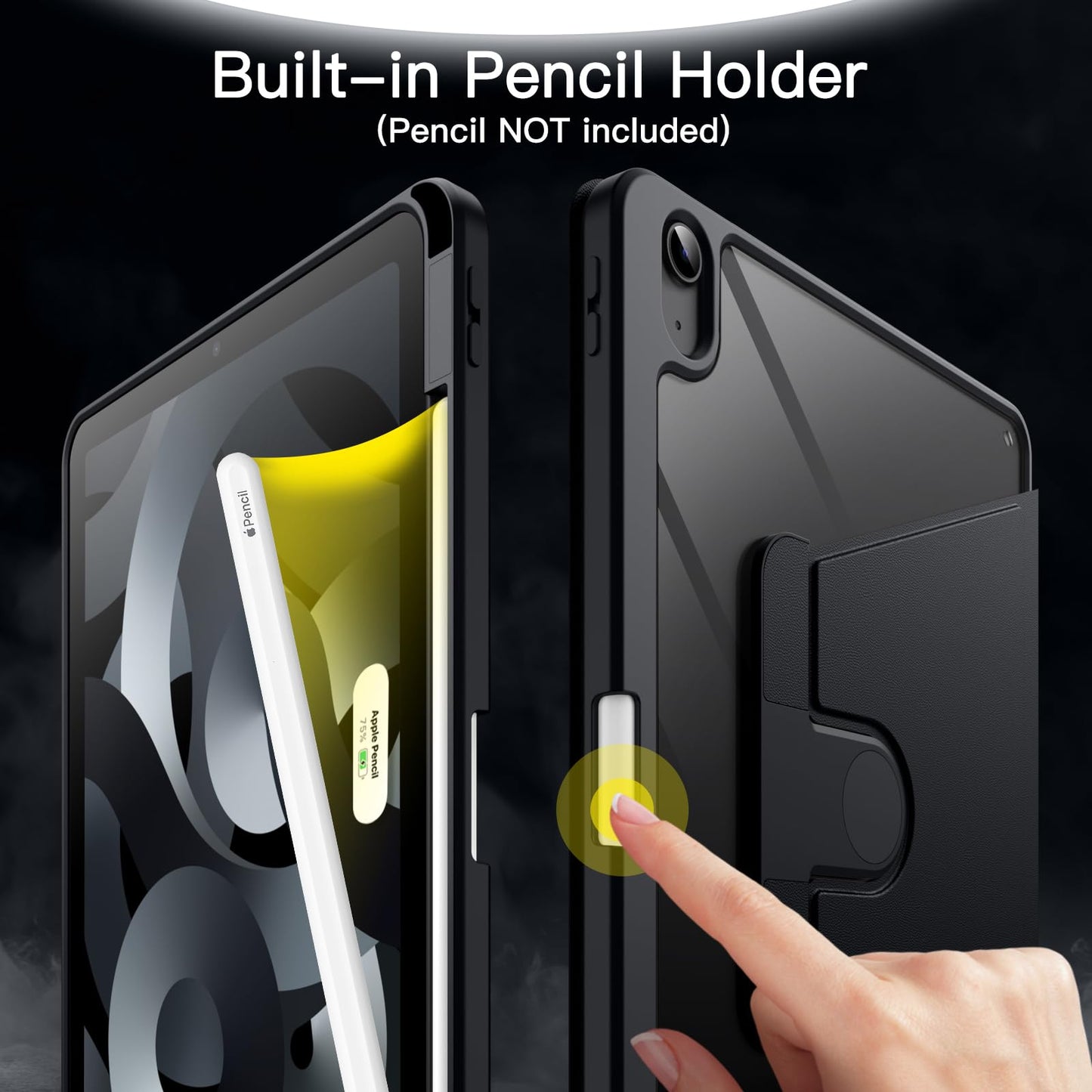 Jetech Rotating Case for iPad Air 5/4 (2022/2020 5th/4th Generation 10.9 Inch) with Pencil Holder, 360 Degree Rotatable Protective Case Stand Transparent Back, Auto Wake/Sleep (Black)