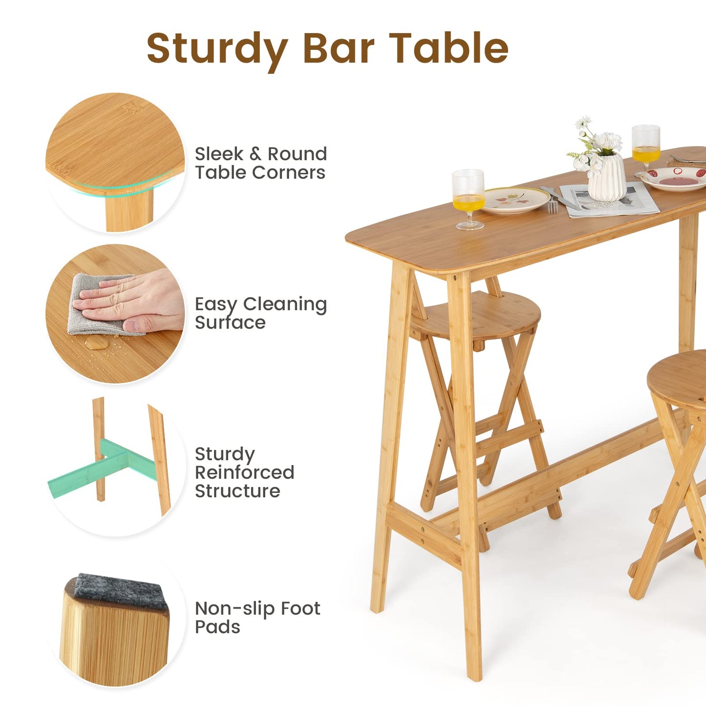 LIFEZEAL folding bar stools, set of 2 bamboo bar chairs, kitchen counter stools with backrest & footrest, folding bistro stools with heart-shaped seat, perfect for bars & kitchens, natural color.