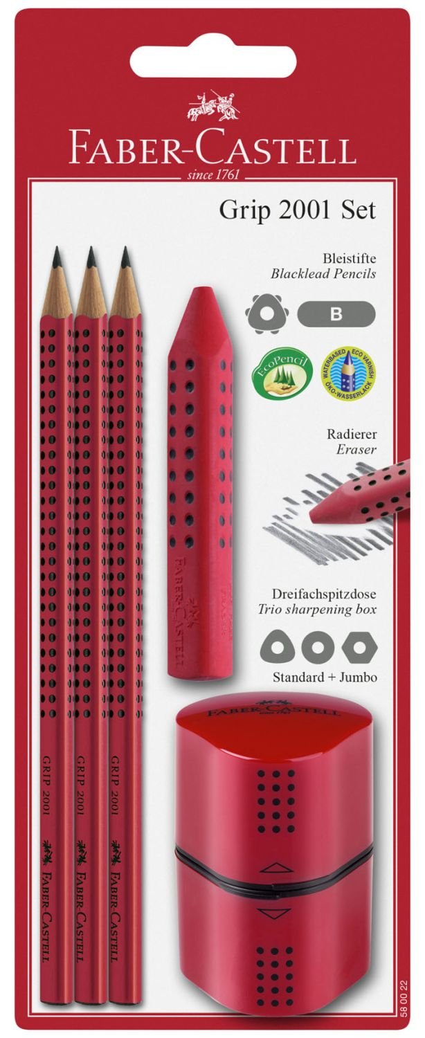 Faber-Castell 580022 - Pencils Set Grip 2001, 5 pieces with 3 pencils, eraser, and sharpener, red.