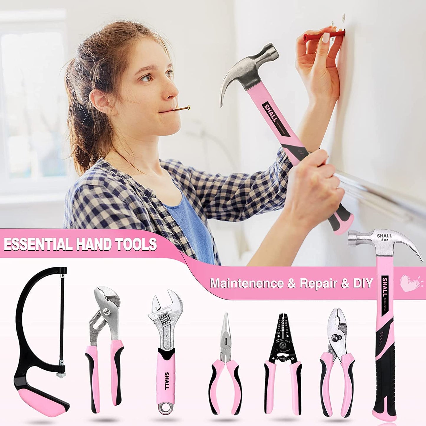 SHALL Pink Tool Set, 246-piece Women's Basic Tool Kit for Home with 14" Wide Mouth Open Tool Bag, General Household Hand Tool Set