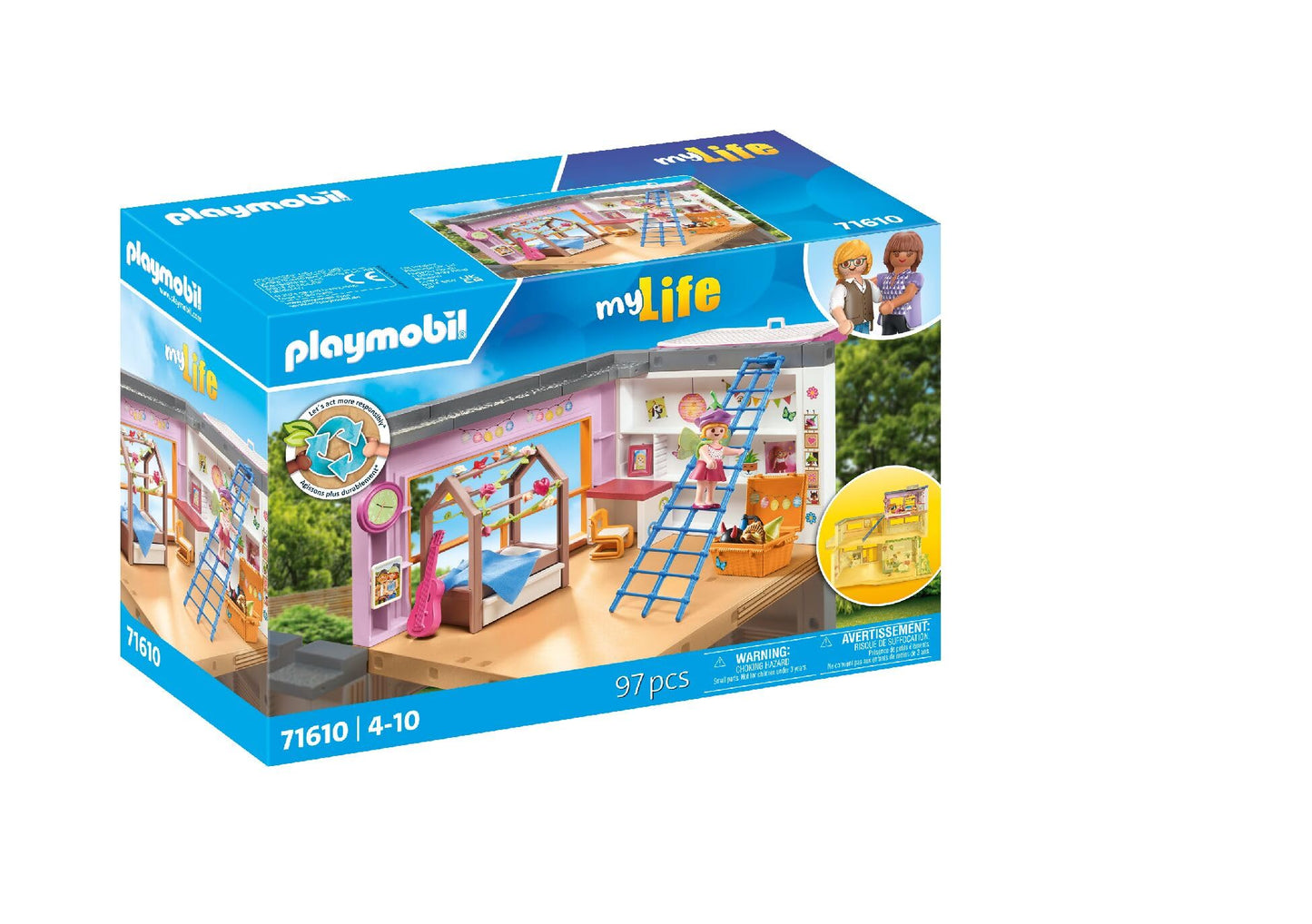 PLAYMOBIL MyLife 71610 Kids' Room, includes a girl figure and a sticker sheet, made from over 80% recycled and bio-based materials, diverse toys for children aged 4 and up.