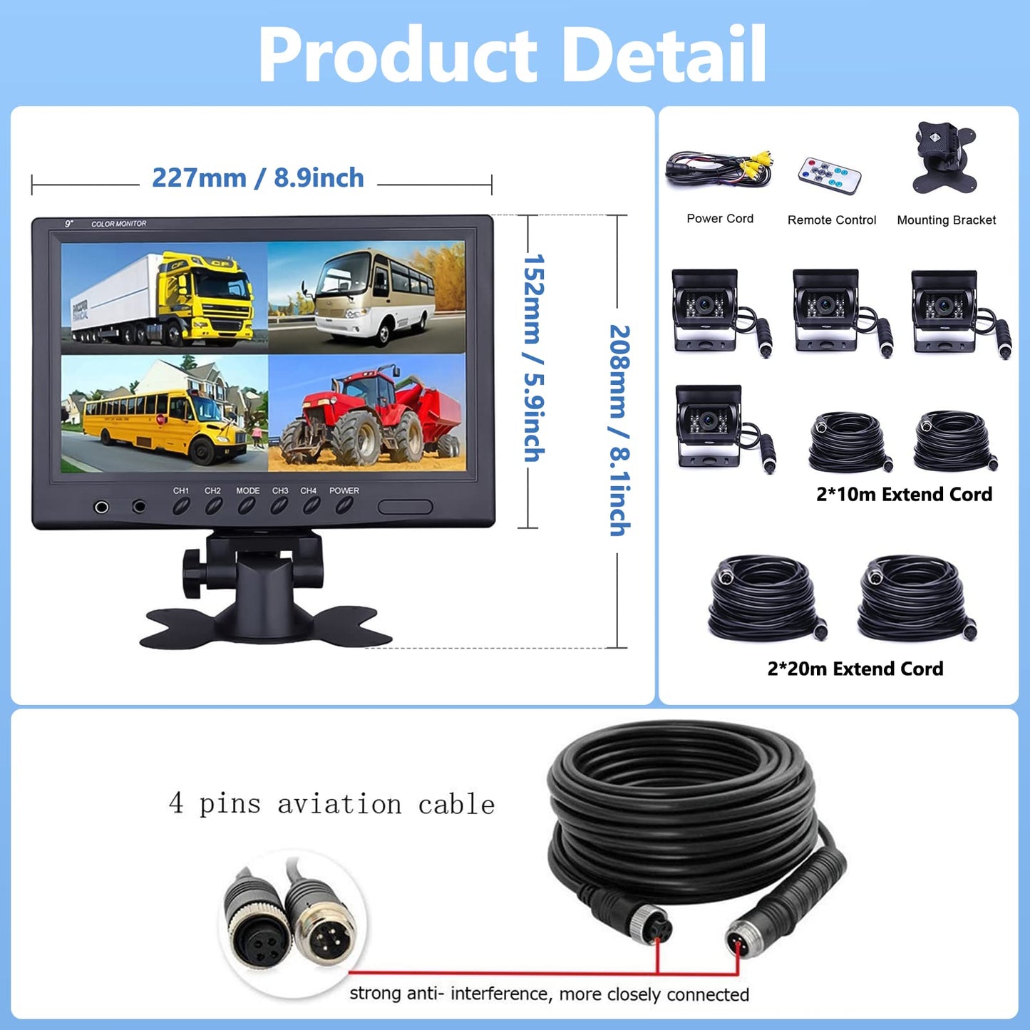 CAMECHO Rear View Camera 4 Camera Set, 9 Inch Monitor 4 Split Rear and Front Camera, Wide Angle, IP68 Waterproof, 18IR Night Vision, for Truck/Trailer/Bus/Van/Agriculture (DC12V-35V)