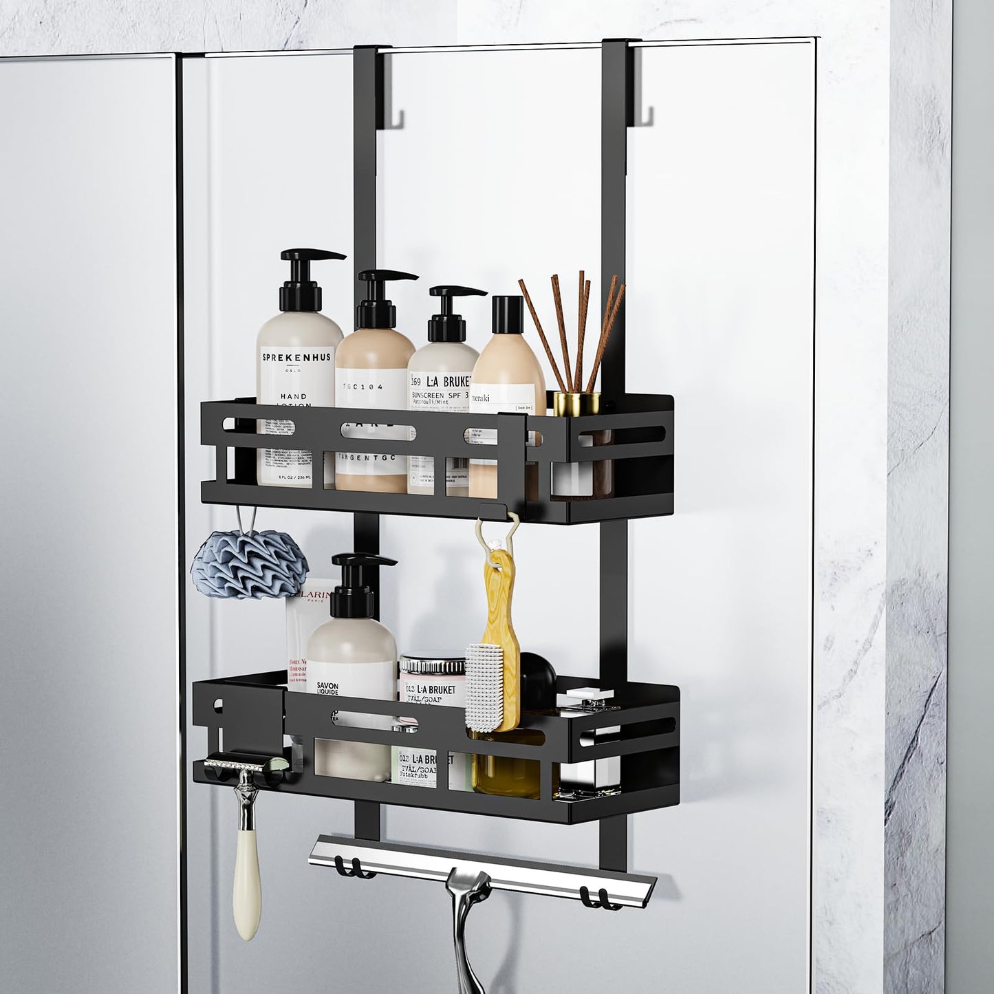 Reading tour shower shelf without drilling in black, hanging shower shelf for glass shower doors with 2 shower baskets, 4 fixed hooks, 1 glass wiper hook, and 2 movable hooks included.