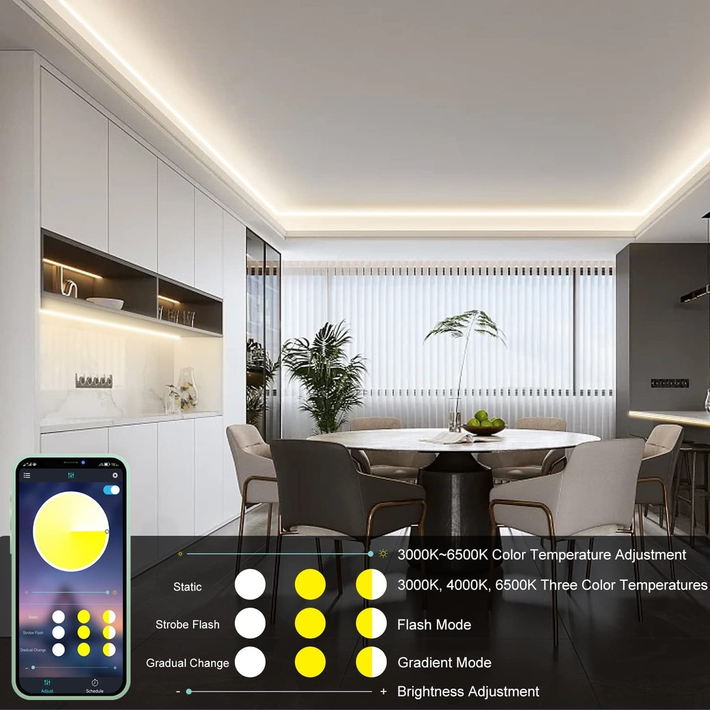 COB LED strip 6m 24V dimmable white, BUNACET LED bar band stripes light strip warm white 3000K-6500K cool white 3456 LEDs, with power supply RF remote control & APP Bluetooth for kitchen bedroom decoration
