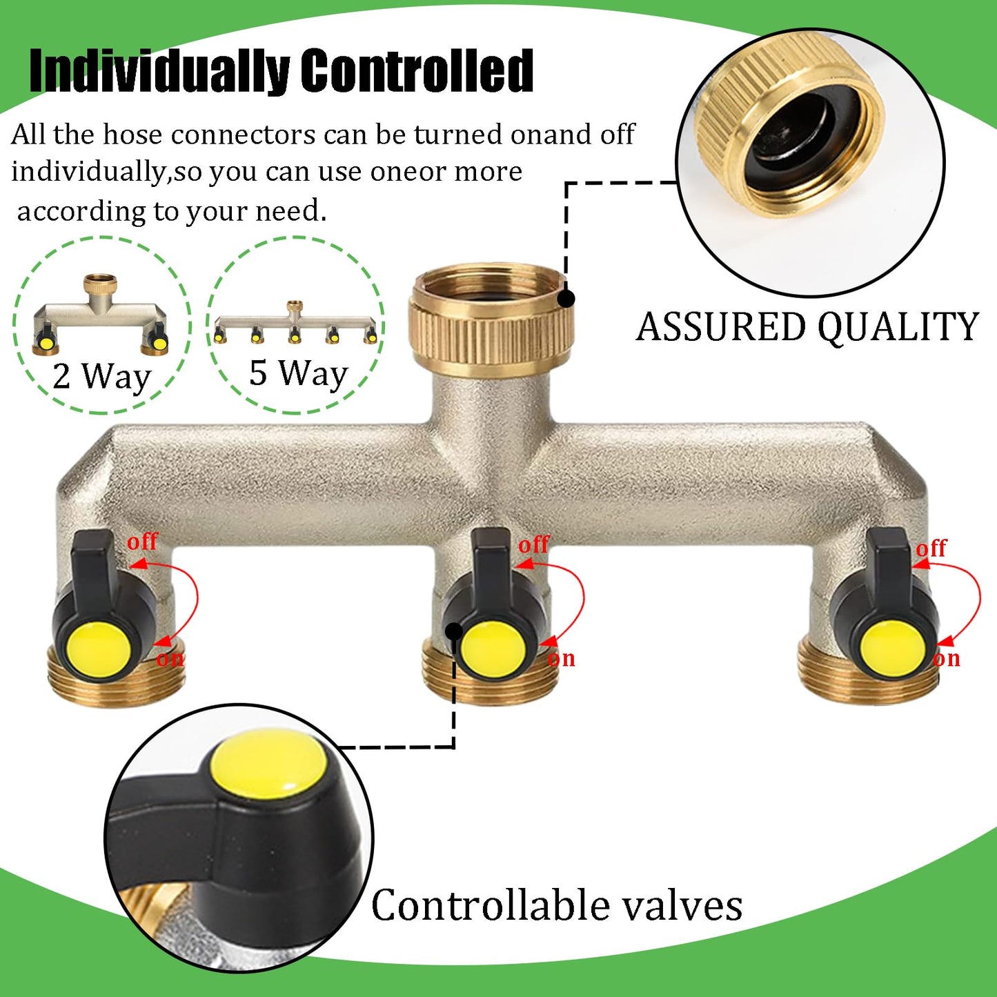 5-way splitter water 3/4 inch brass water connection splitter for 5 devices/garden hoses, hose splitter faucet splitter with ball valve for adjusting and shutting off water flow.
