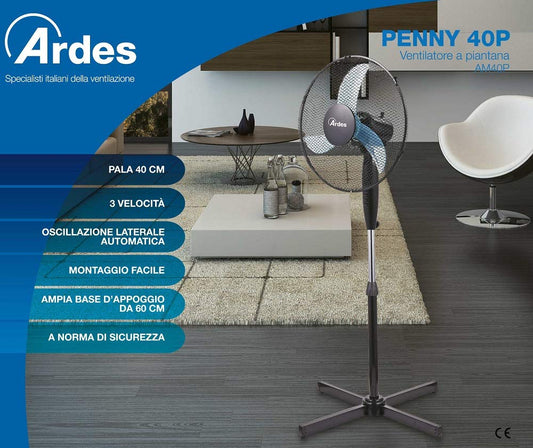 ARDES - Pedestal Fan, powerful, quiet, 3 blades, 40 cm, oscillating, with adjustable height and tilt, Ardes Pedestal Fan, 3 speed settings, model Penny AR5AM40P