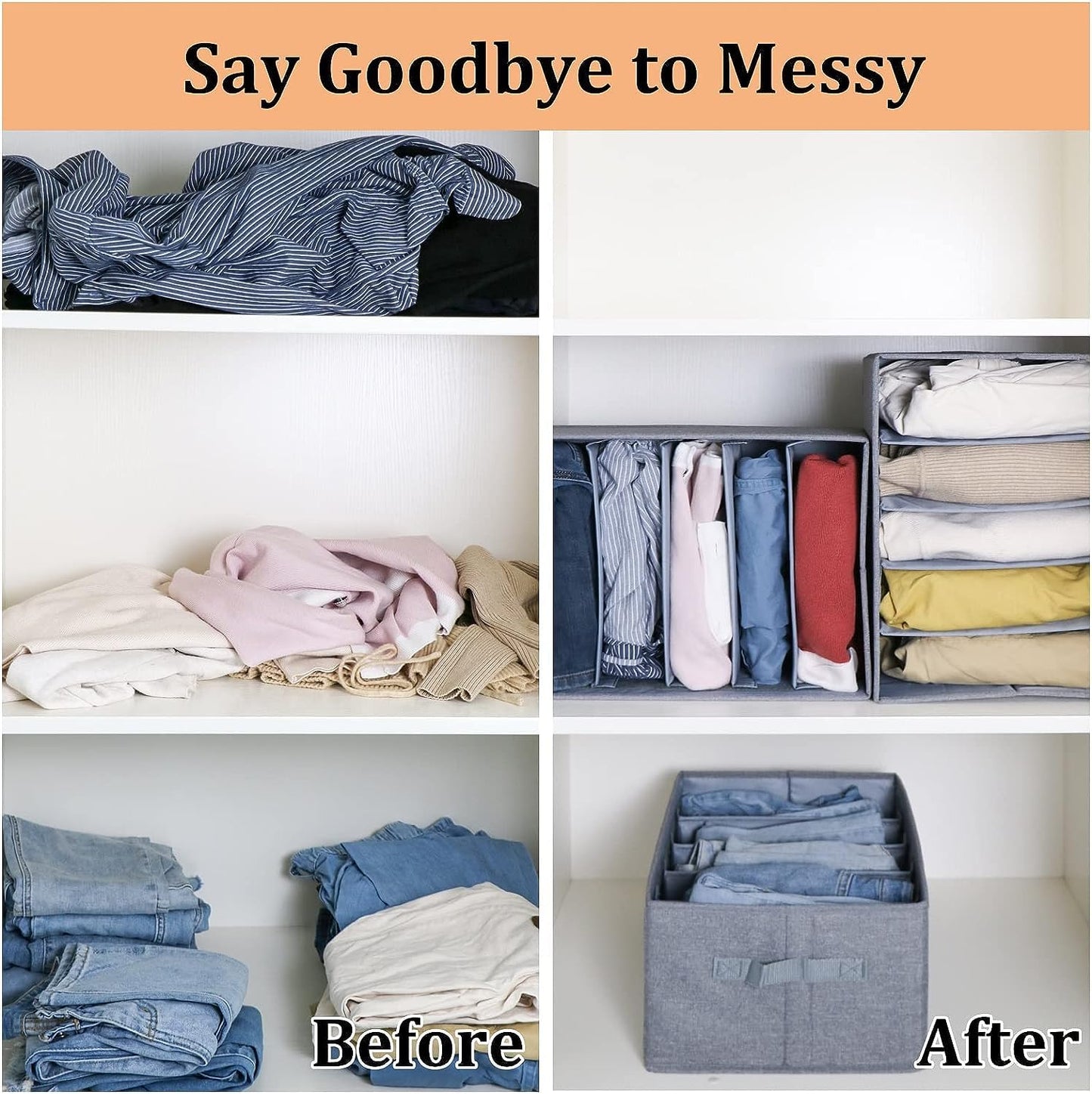 Hersvin closet clothes organizer 2 pieces foldable stackable jeans organizer each with 5 grids 4 adjustable removable partitions fabric wardrobe storage container for clothes.