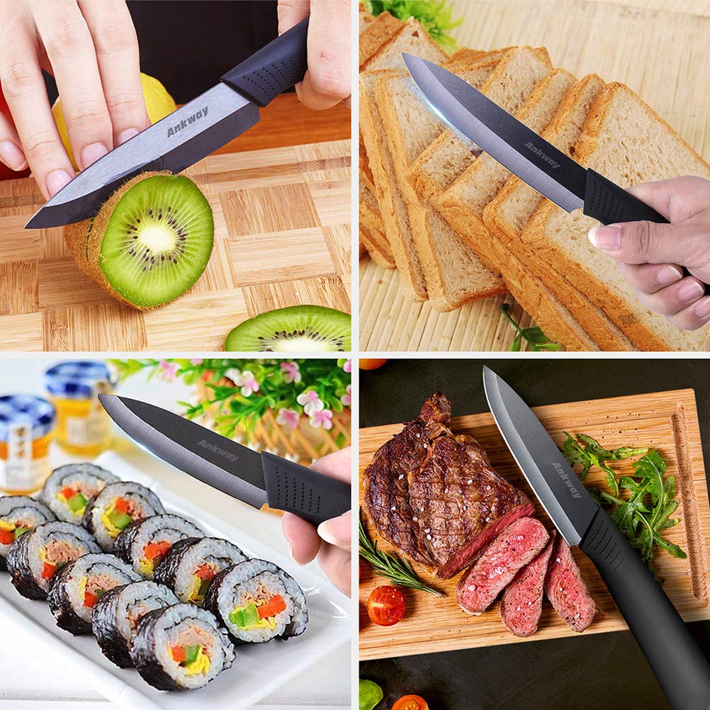 Ankway Ceramic Knife Set with Protective Cover 5 Pieces, 2023 Knife with Peeler Kitchen Knife Set Knife Cutting Knife Chef's Knife Sharp Cake Knife for Meat Fruit Vegetables, Black.