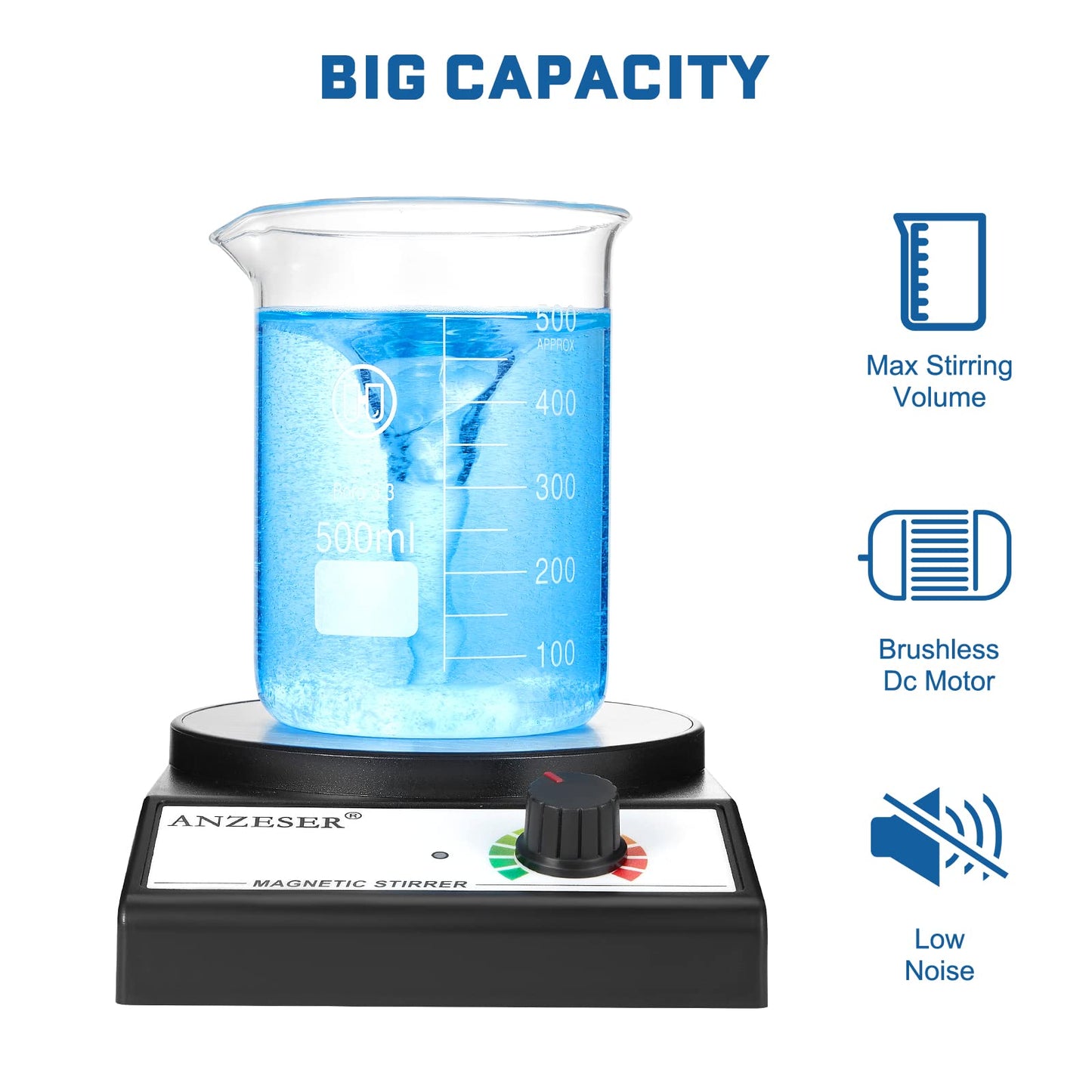 ANZESER Magnetic Stirrer with stirring bars, speed range 0-3500 rpm, stirring capacity 3000mL.