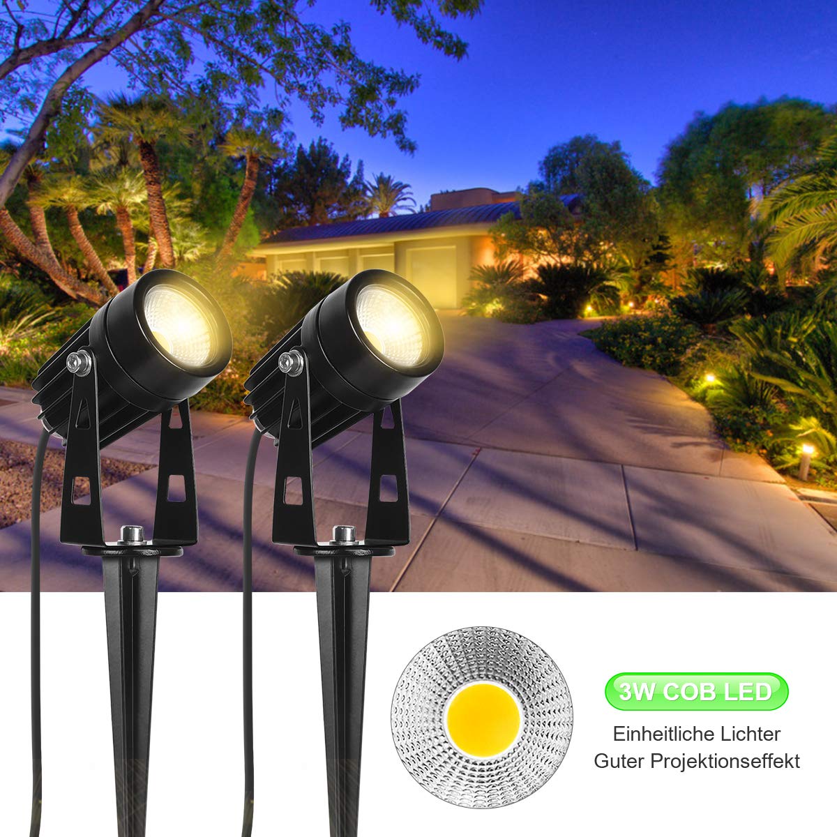 AIMHEIM 6-pack LED spotlight with stake, 3W garden light with plug, 2160LM, warm white outdoor light IP65 waterproof path lighting LED garden lighting for outdoor, wall, tree, lawn