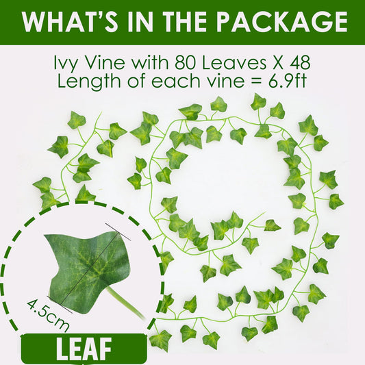 ADORAMOUR Artificial Ivy Garlands - 48 Pack, 210cm Length - Fake Vines for Room and Garden Wall Decoration for Indoor Outdoor, Green Plastic Leaves, Hanging Plants for Greenery Decor