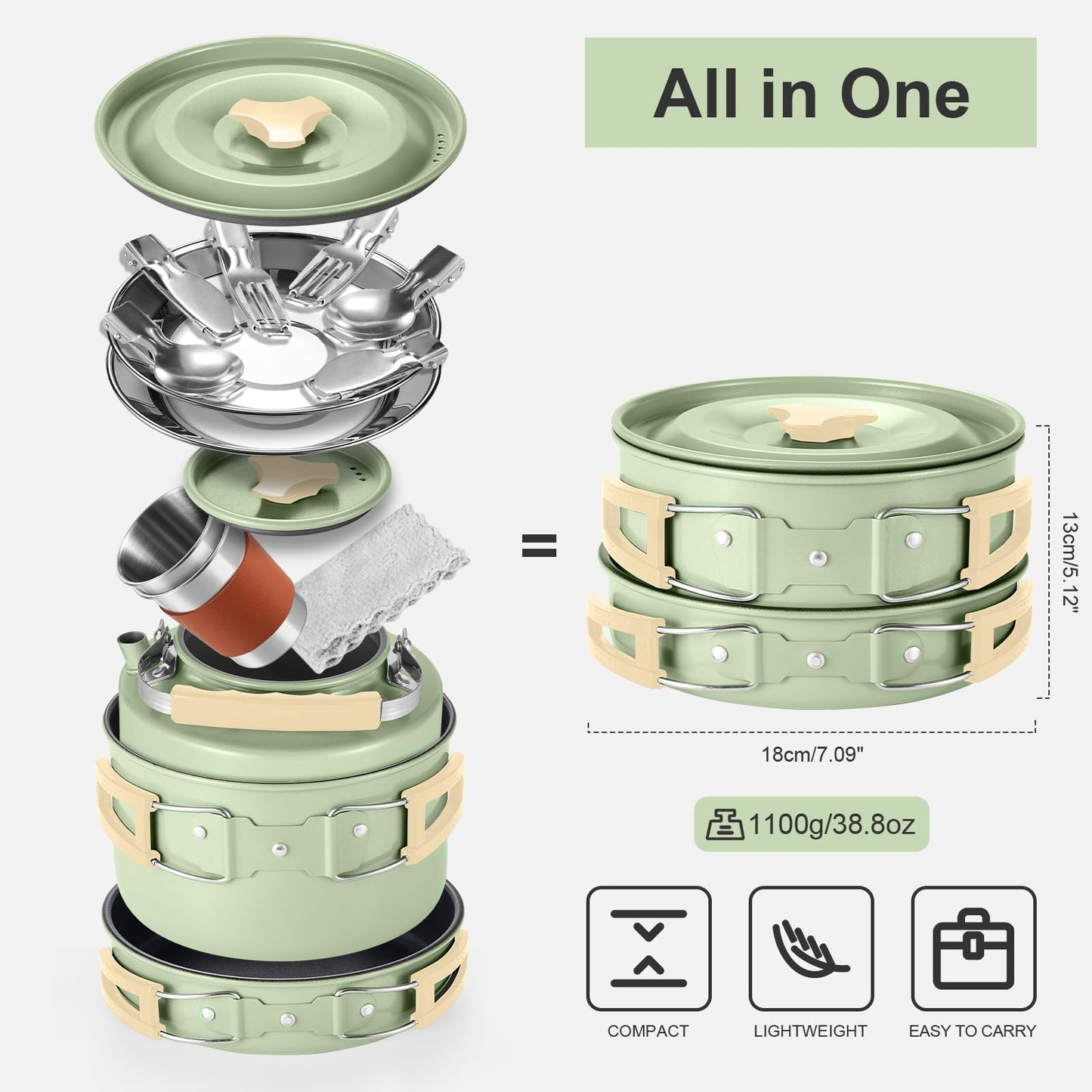 Odoland Camping Cookware Set Non-stick Pot and Pan Set with Kettle, Stainless Steel Utensils Mess Kit, Cups Plates Knives Spoons Forks for Outdoor Cooking