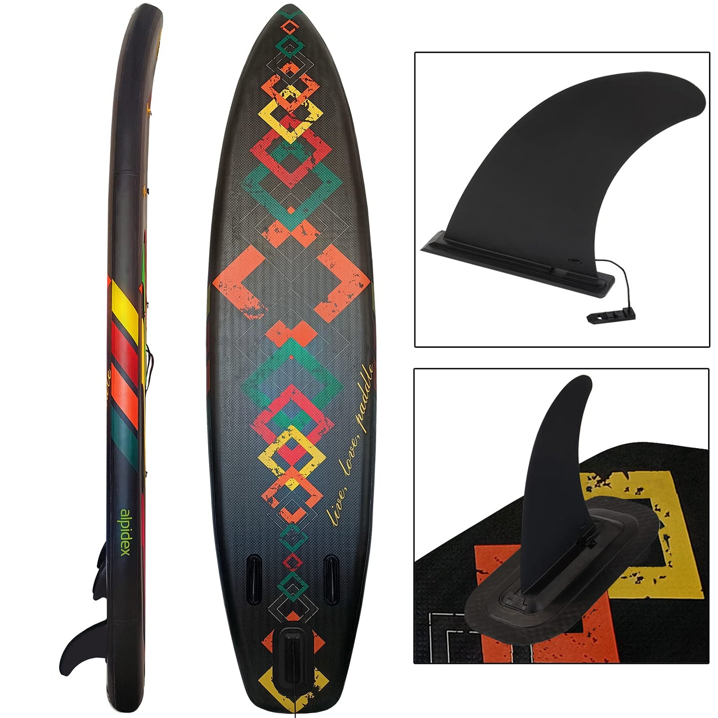 ALPIDEX Stand Up Paddle Set SUP 320 x 76 x 15 cm max. load capacity up to 200 kg Inflatable Stable Lightweight Complete Set Carrying Bag Paddle Fins Air Pump Leash Repair Kit, Color: Black