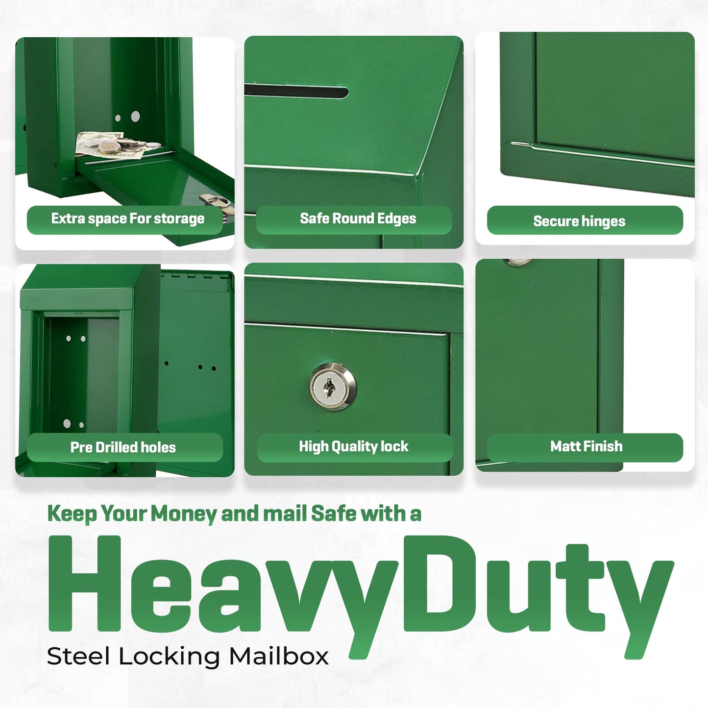 Metal donation box for wall mounting or countertop, with coin slot, lock with 2 green keys.