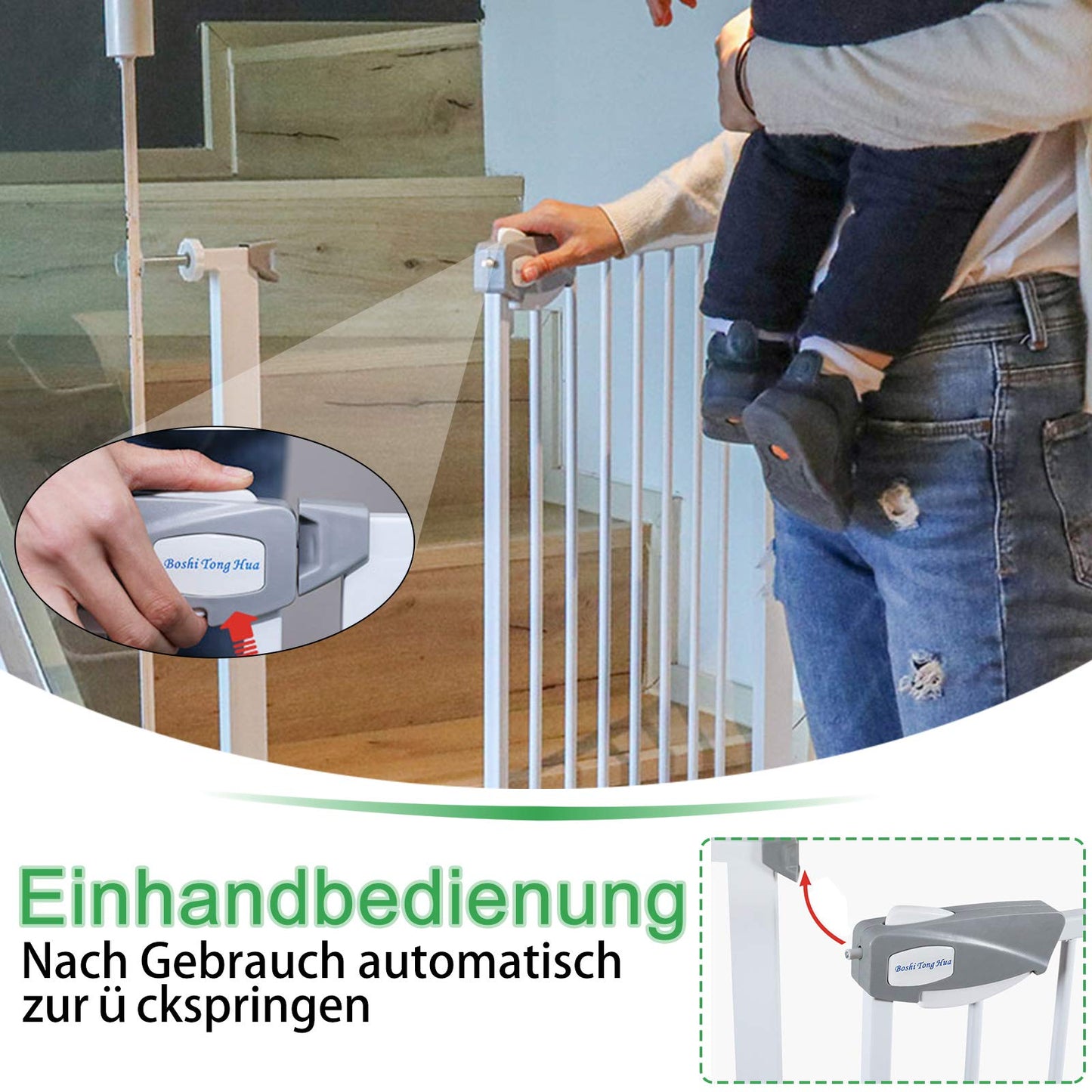 YARDIN door and stair safety gate without drilling, 75-85cm baby gate, childproofing stair gate for kids and dogs, auto-close, one-handed opening, White.