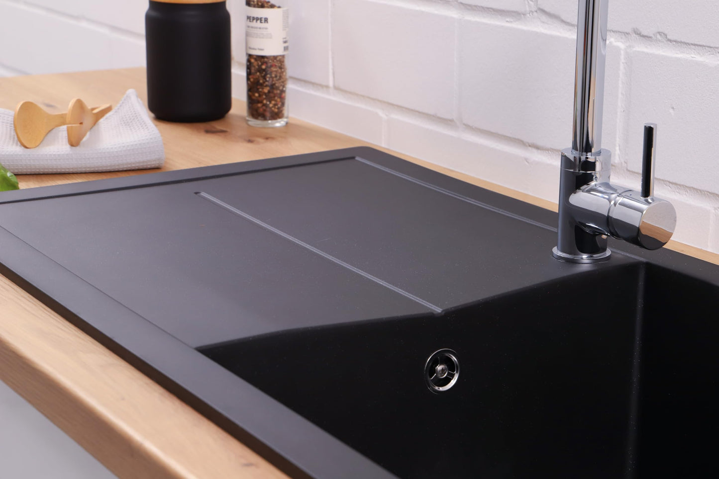 Respekta Cleveland Mineral Sink in Black/1 Bowl Inset Sink 100 x 50 cm/Sink suitable for base cabinets from 60 cm wide.