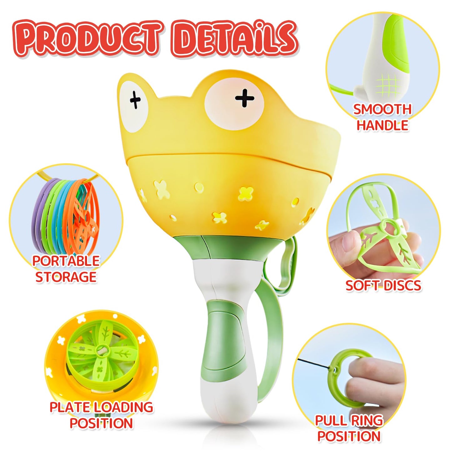 Outdoor toys for kids aged 4-8, including a flying saucer launcher game with 2 packs and 24 discs. Also, propeller toy for kids aged 3-6.