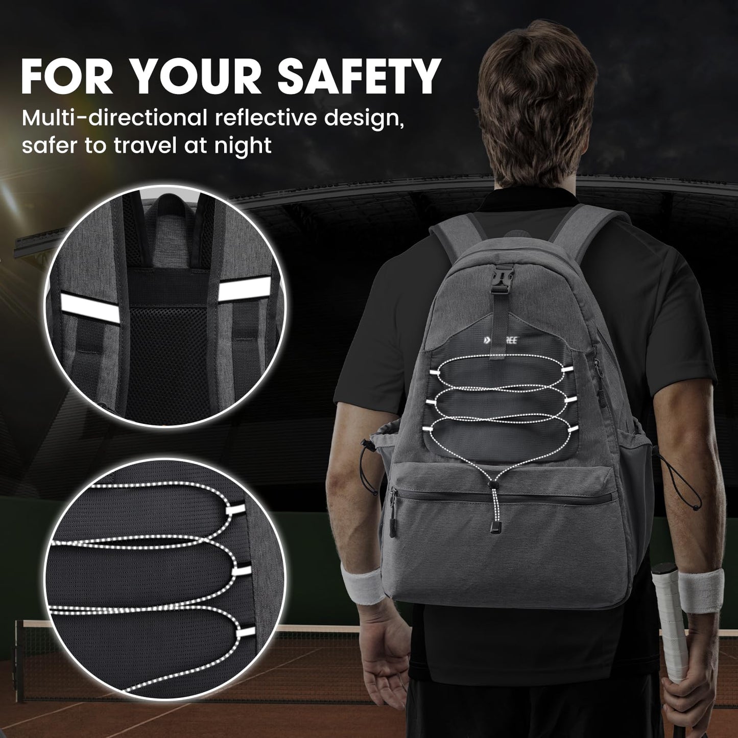 G4Free Tennis Bag, Tennis Backpack for men and women, large Pickleball bag, holds 4 rackets with shoe compartment, grey, L, Casual daypack