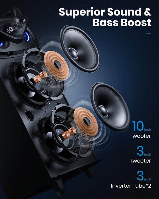 Moukey Karaoke Machine Large karaoke system with 2X 26cm woofer & 8cm tweeter & 2 microphones, Rechargeable Bluetooth speaker with light effect tablet holder TWS/Rec/AUX/USB/TF/FM for party